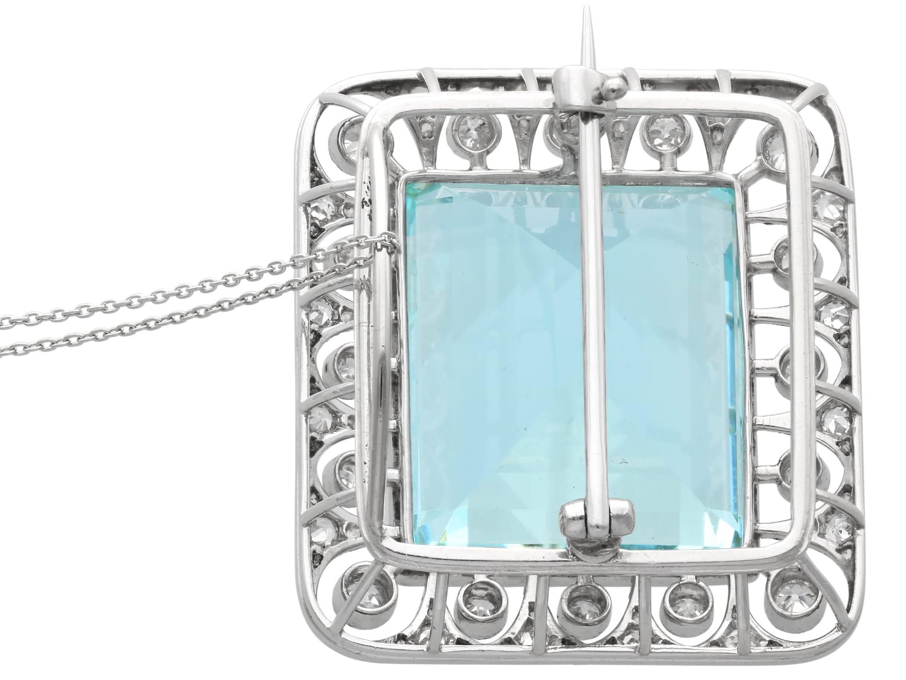 Antique 42.24Ct Aquamarine, 1.62Ct Diamond and Platinum Brooch / Pendant For Sale 1