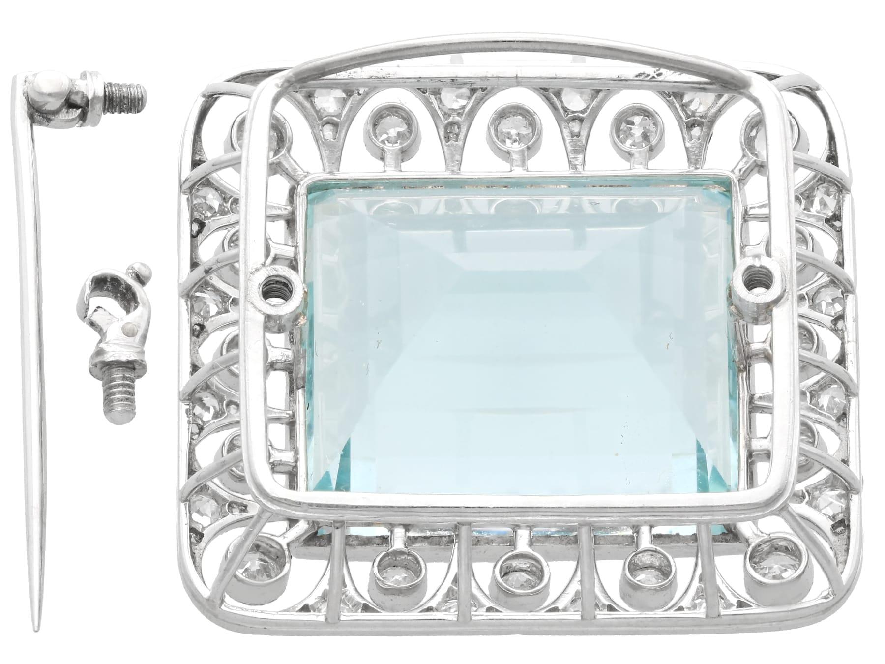 Antique 42.24Ct Aquamarine, 1.62Ct Diamond and Platinum Brooch / Pendant For Sale 3