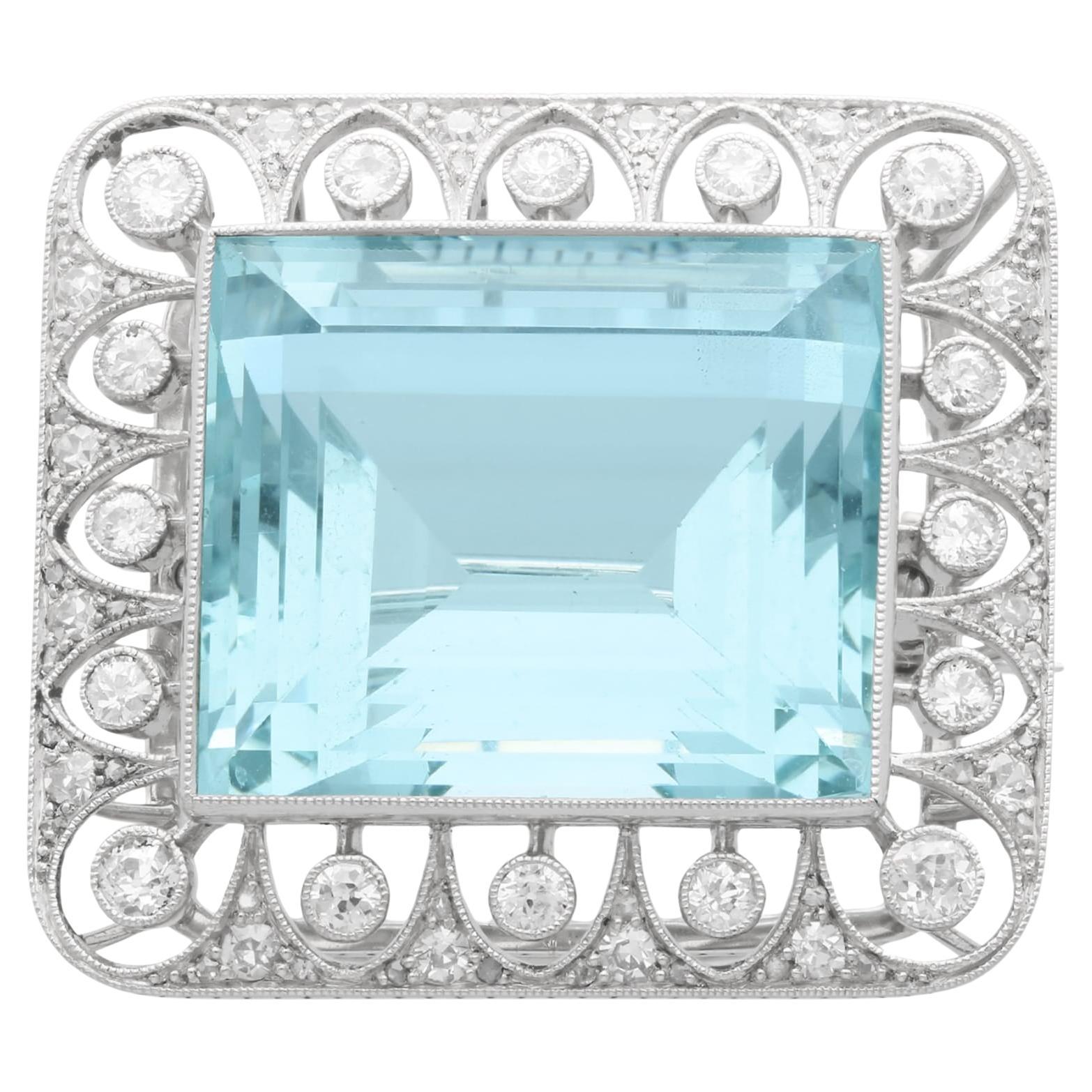 Antique 42.24Ct Aquamarine, 1.62Ct Diamond and Platinum Brooch / Pendant