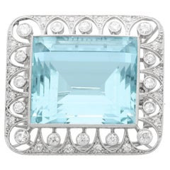 Antique 42.24Ct Aquamarine, 1.62Ct Diamond and Platinum Brooch / Pendant