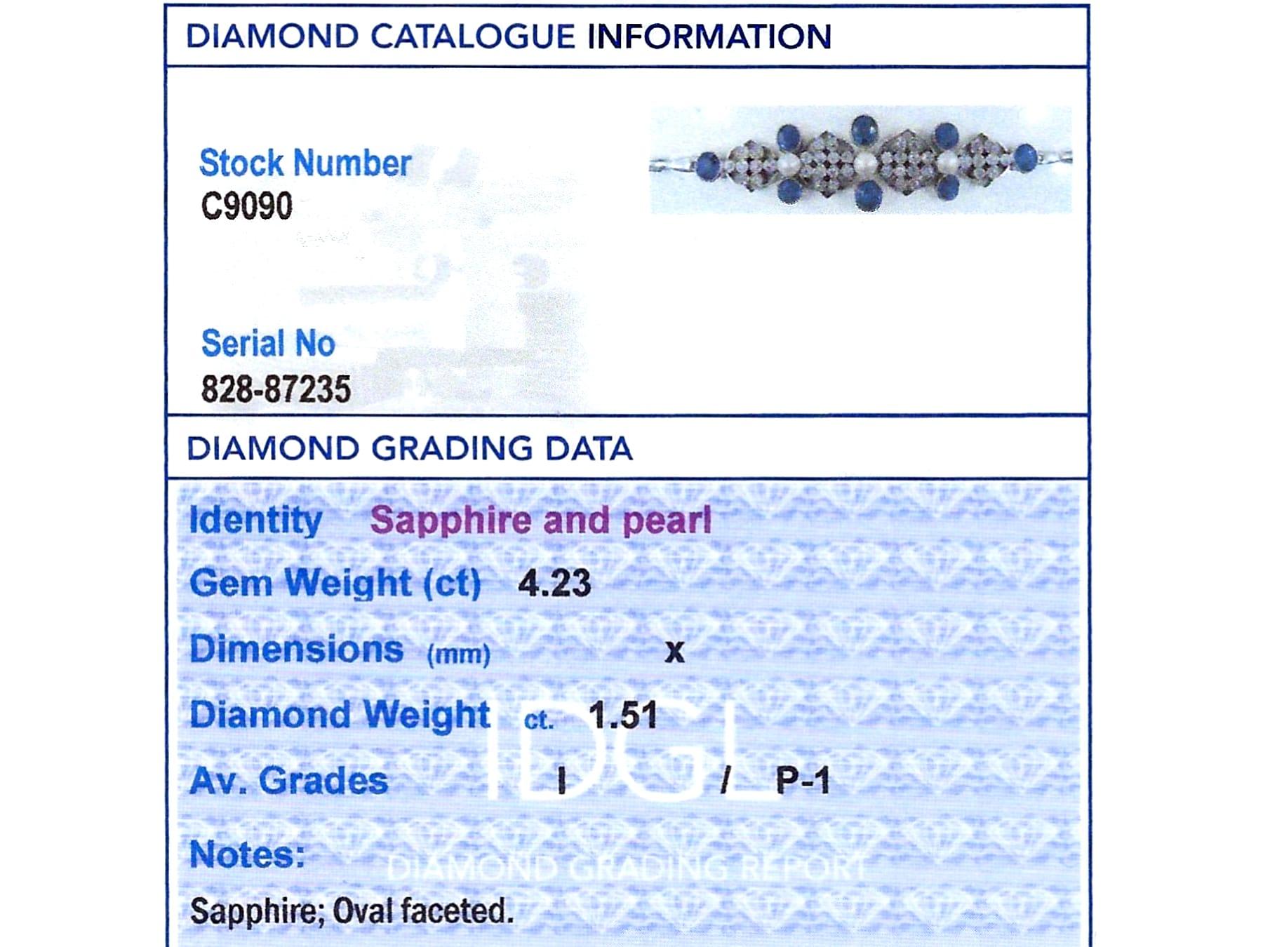 Bracelet en platine avec saphirs de 4,23 carats, diamants de 1,51 carat et perles, c. 1935 en vente 6