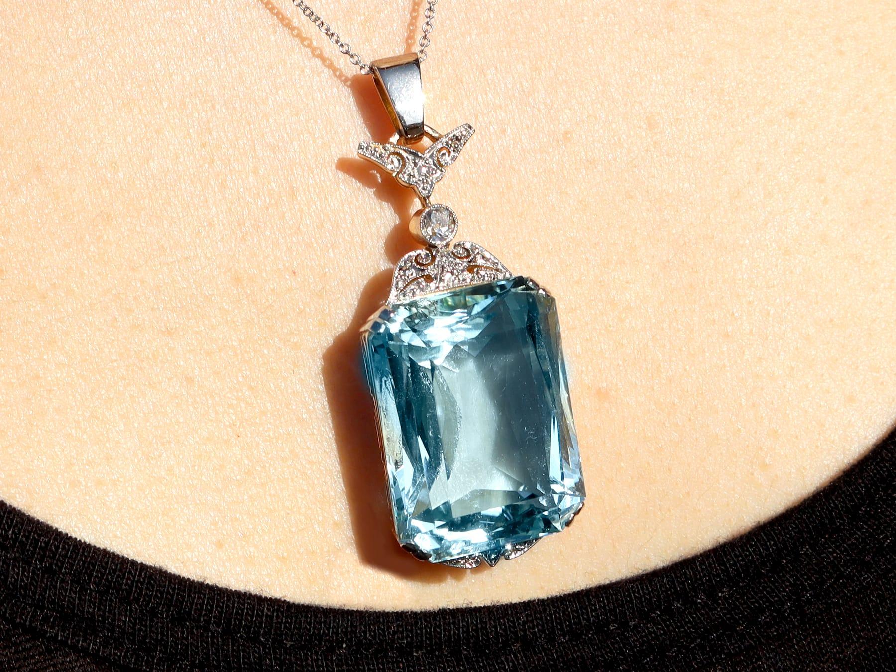 Antique 42.68Ct Aquamarine and 0.16Ct Diamond 12k Yellow Gold Pendant Circa 1935 For Sale 5