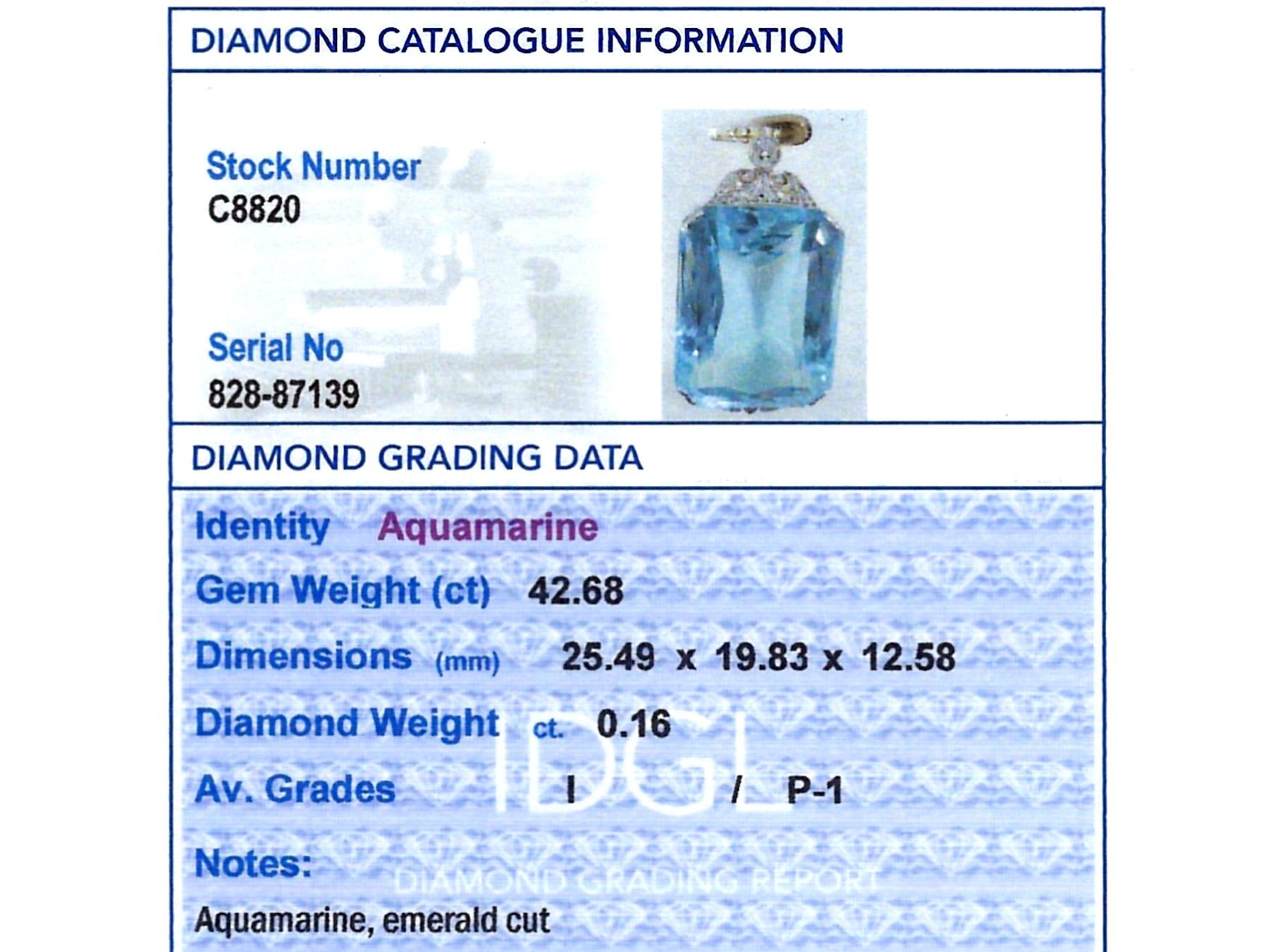 Antique 42.68Ct Aquamarine and 0.16Ct Diamond 12k Yellow Gold Pendant Circa 1935 For Sale 6