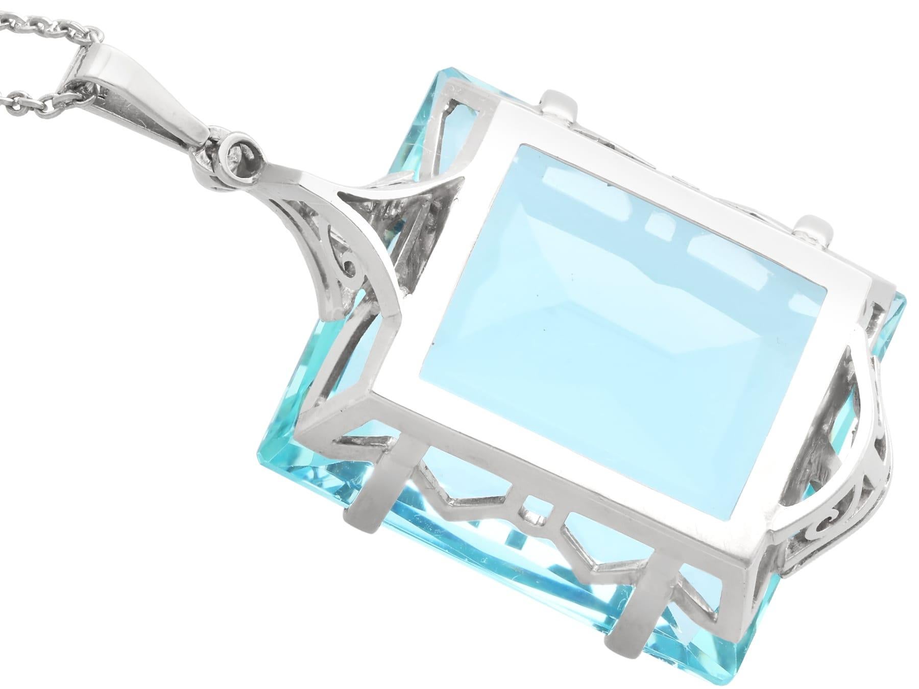 Baguette Cut Antique 42.88 Carat Aquamarine 0.10 Carat Diamond and 9k White Gold Pendant For Sale