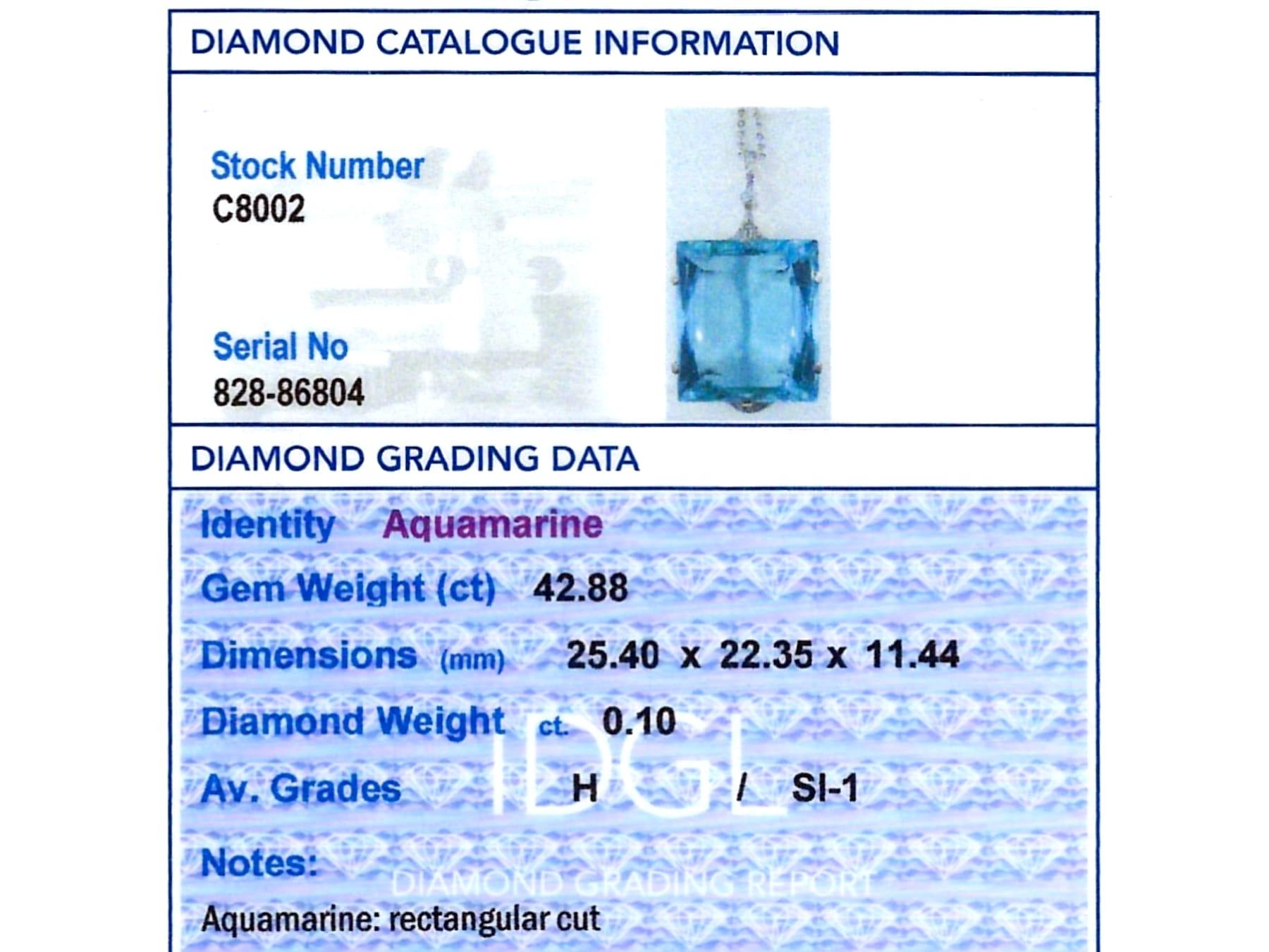 Women's or Men's Antique 42.88 Carat Aquamarine 0.10 Carat Diamond and 9k White Gold Pendant For Sale