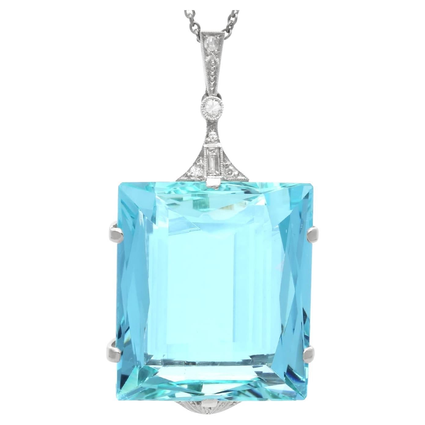 Antique 42.88 Carat Aquamarine 0.10 Carat Diamond and 9k White Gold Pendant For Sale