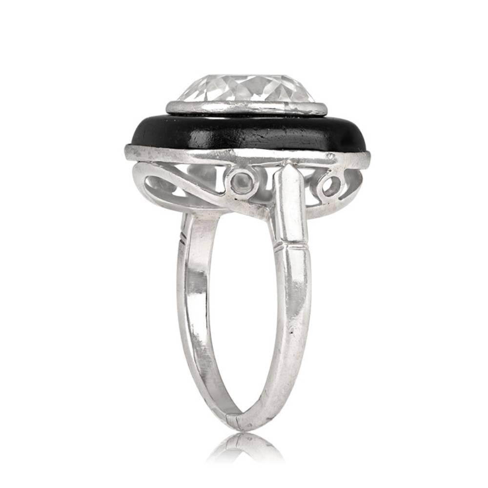 Art Deco Antique 4.30ct Cushion Cut Diamond Engagement Ring, Onyx Halo, 18k White Gold For Sale