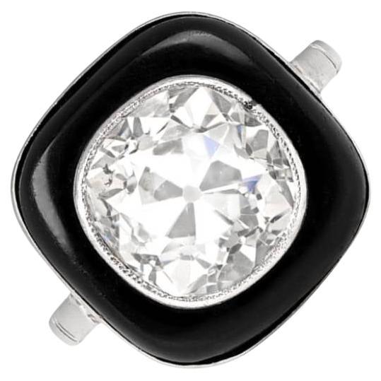 Antiker Verlobungsring mit 4,30 Karat Diamant im Kissenschliff, Onyx-Halo, 18 Karat Weißgold