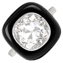 Antique 4.30ct Cushion Cut Diamond Engagement Ring, Onyx Halo, 18k White Gold