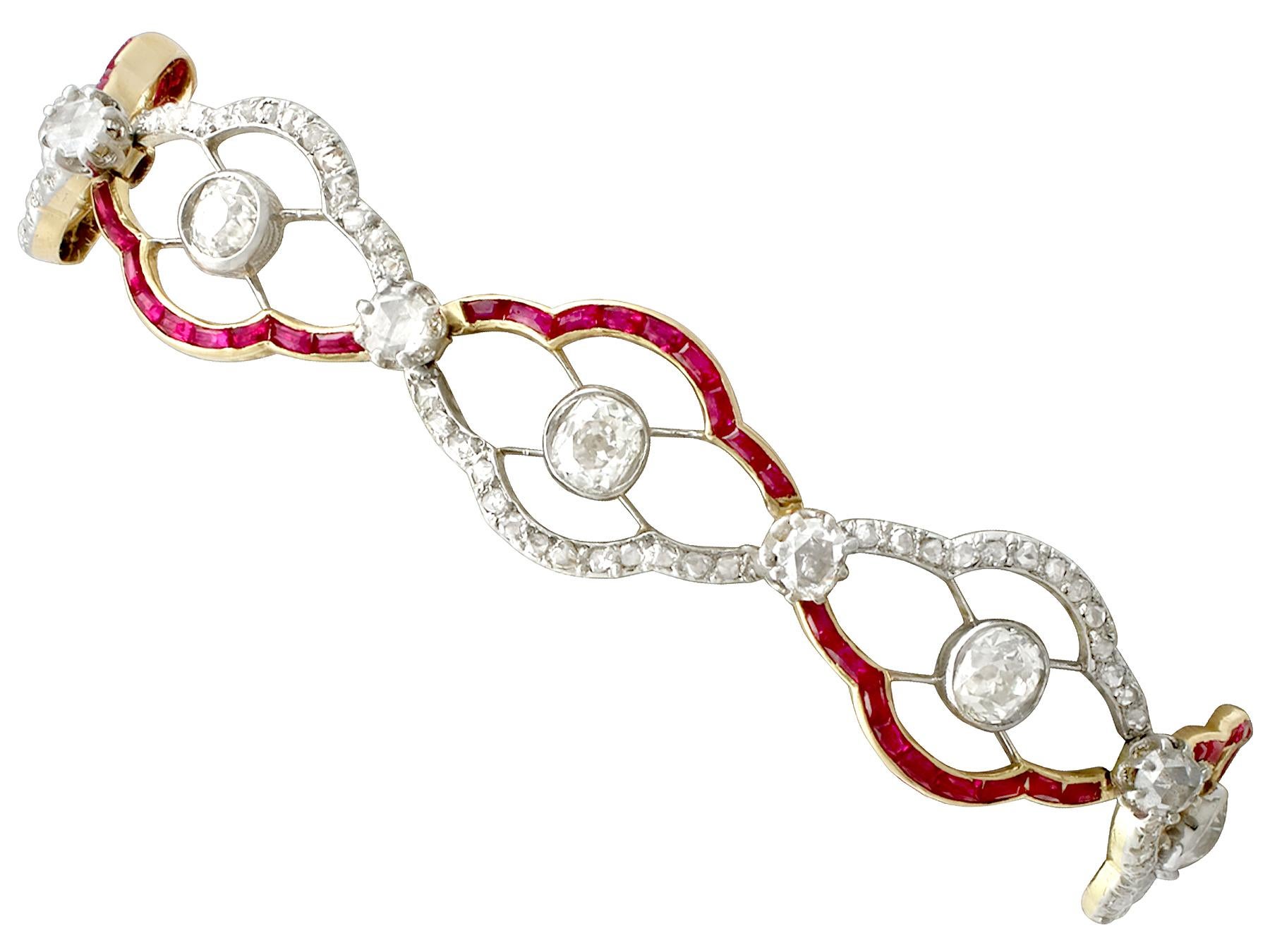 Antique 4.31 Carat Diamond Synthetic Ruby 18k Yellow Gold Bracelet Circa 1910 For Sale