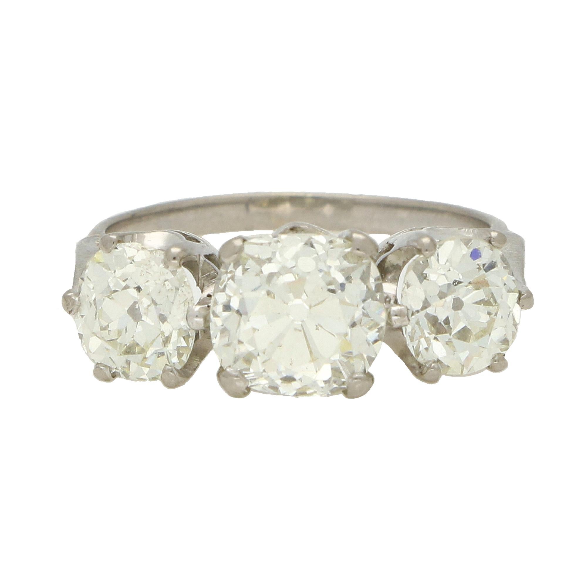 Antique 4.33ct Old Mine Cut Diamond Three Stone Ring in 18k White Gold