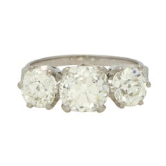 Antique 4.33ct Old Mine Cut Diamond Three Stone Ring in 18k White Gold