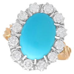 Vintage 4.39 Carat Turquoise and Diamond 14 Carat Yellow Gold Cluster Ring