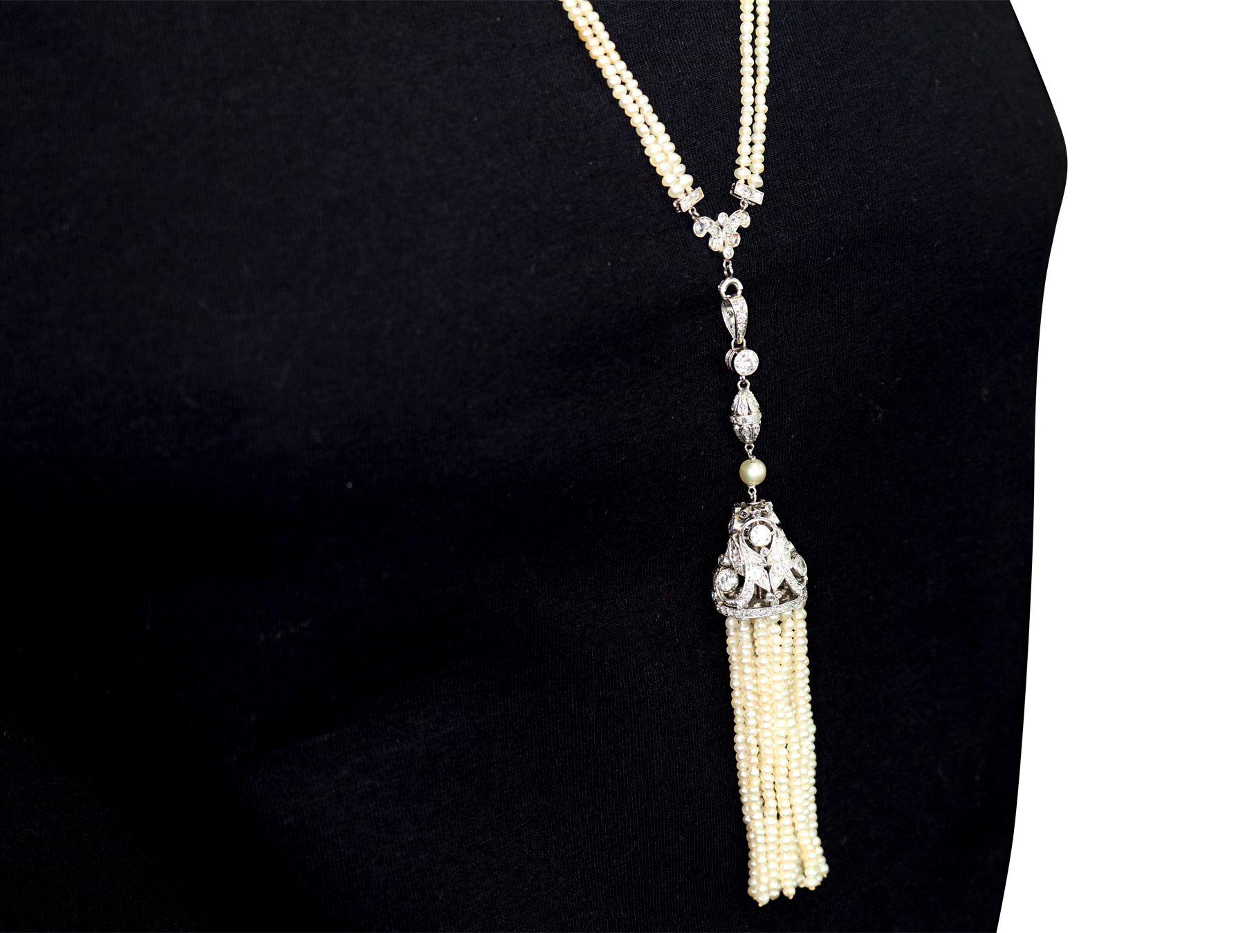 Antique 4.41 Carat Diamond and Seed Pearl Platinum Sautoir Necklace, circa 1920 4