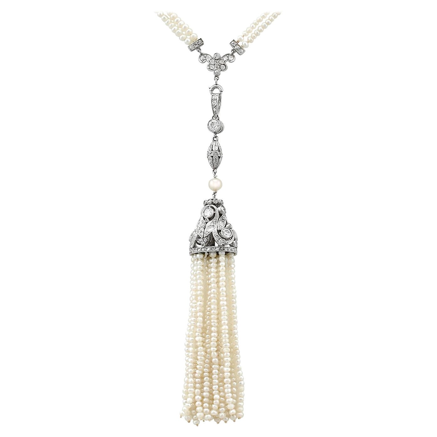 Antique 4.41 Carat Diamond and Seed Pearl Platinum Sautoir Necklace, circa 1920
