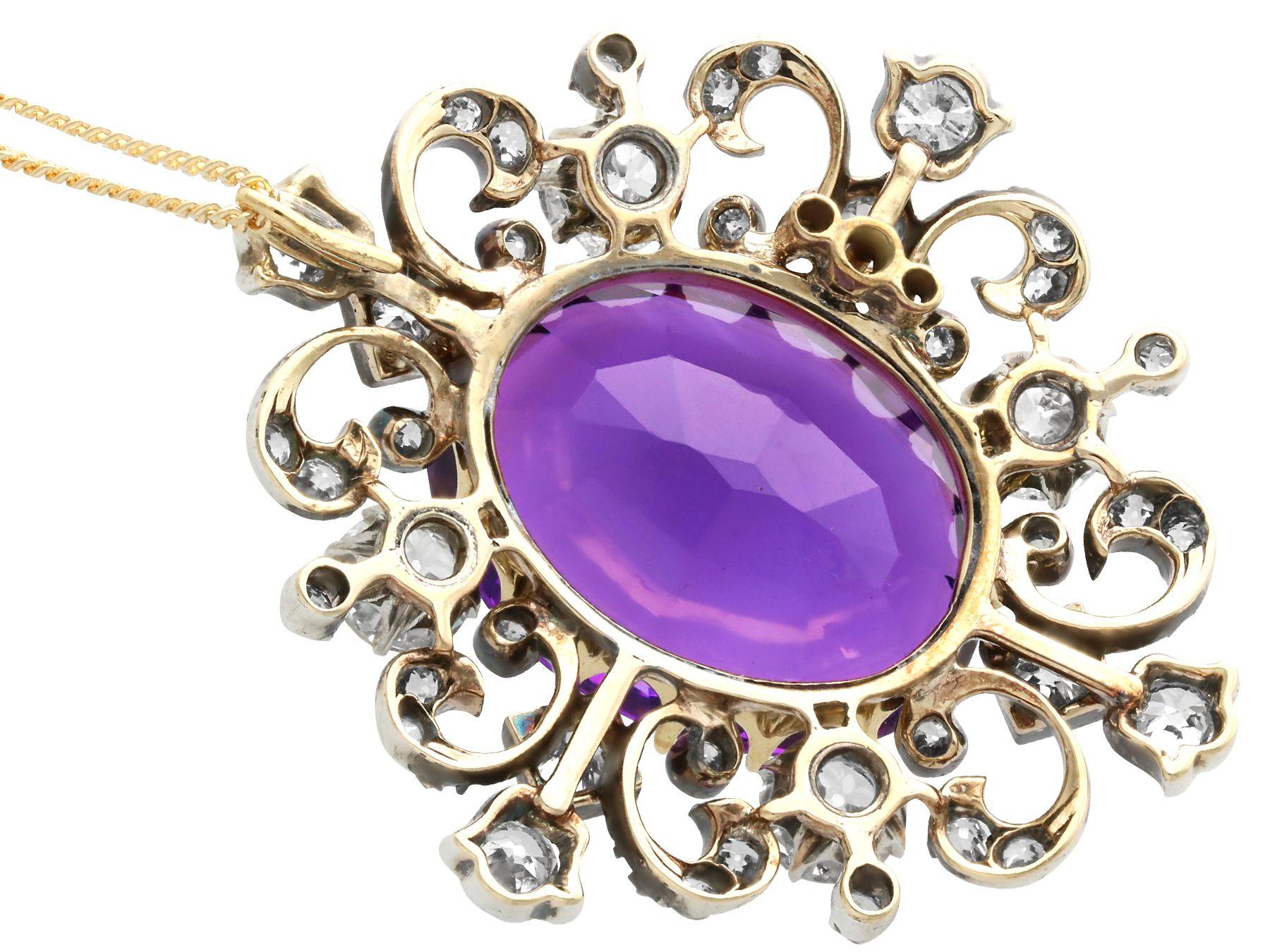 Women's or Men's Antique 18.25ct Amethyst and 4.43ct Diamond 9k Yellow Gold Brooch / Pendant
