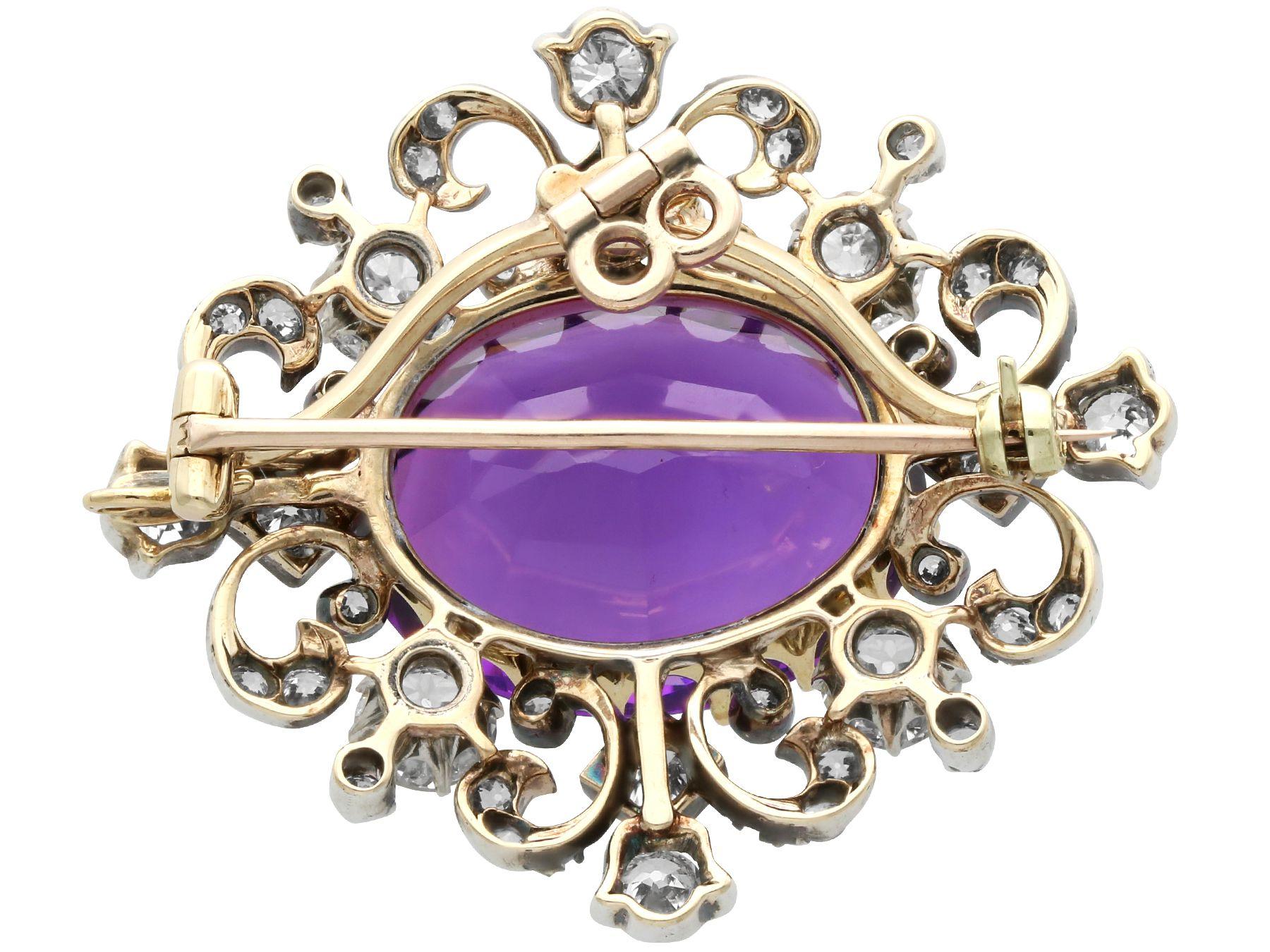 Antique 18.25ct Amethyst and 4.43ct Diamond 9k Yellow Gold Brooch / Pendant 1