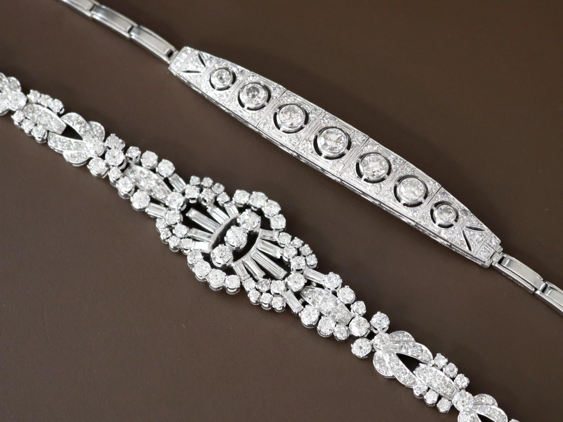 Old European Cut Antique 4.51 Carat Diamond, 18k White Gold and Platinum Bracelet Circa 1930 For Sale