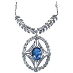 Antique 4.52 Carat Ceylon Sapphire Diamond Pearl Platinum Necklace