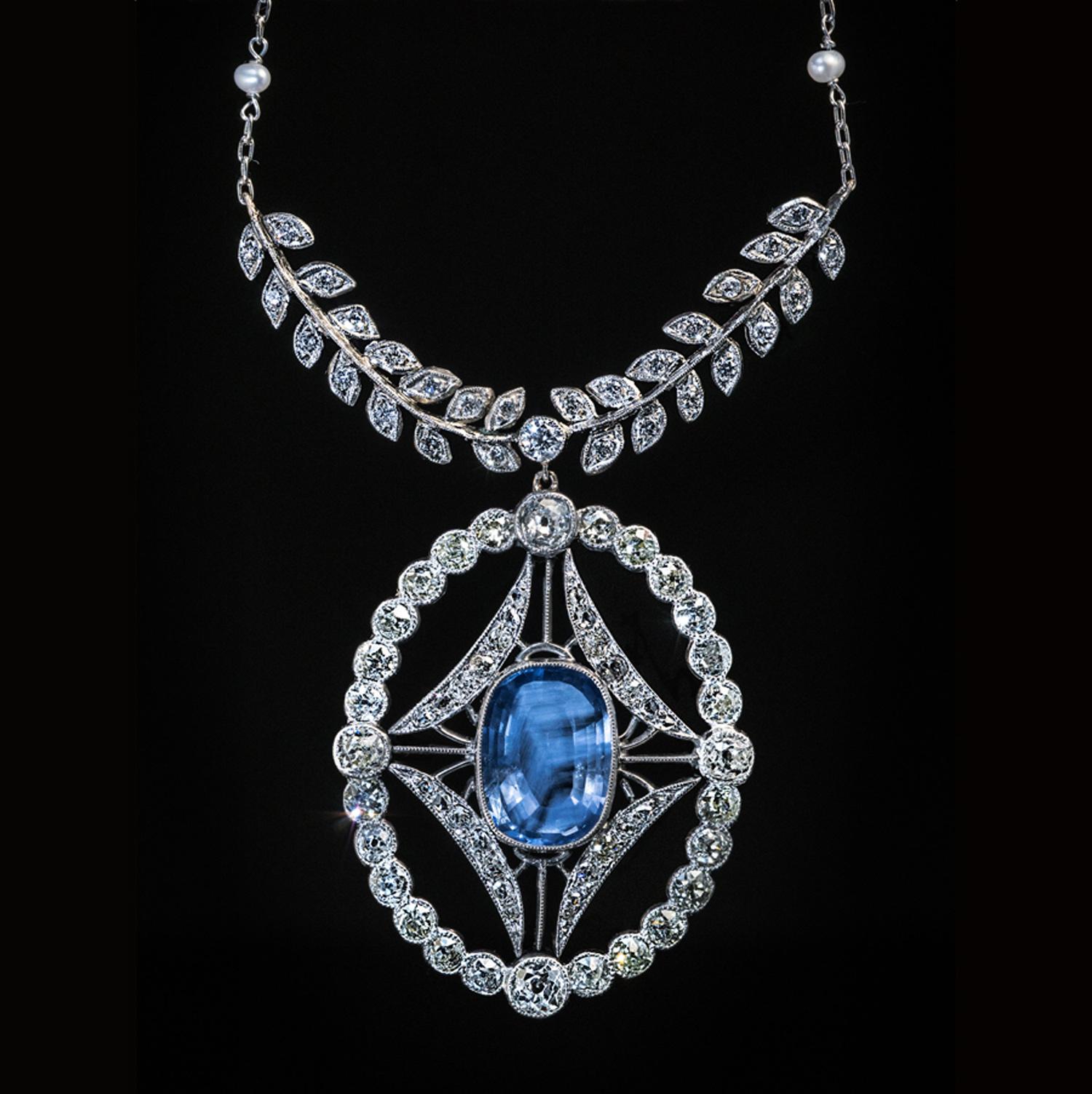Women's Antique 4.52 Carat Ceylon Sapphire Diamond Pearl Platinum Necklace