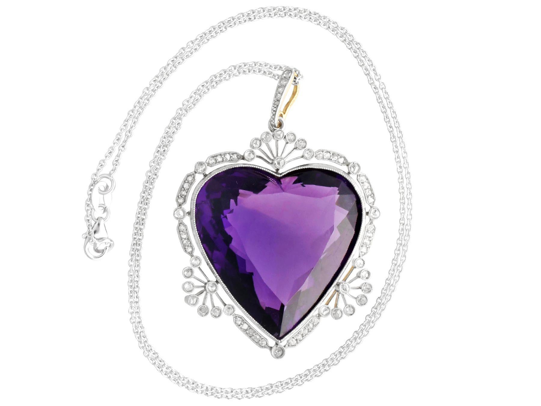 Antique 45.27 Carat Amethyst and Diamond Yellow Gold Heart Pendant For Sale 3