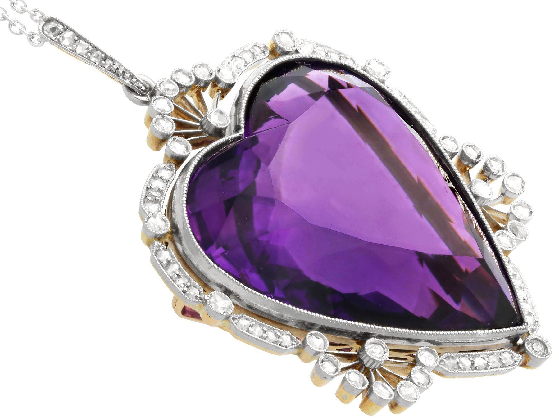 Heart Cut Antique 45.27 Carat Amethyst and Diamond Yellow Gold Heart Pendant For Sale