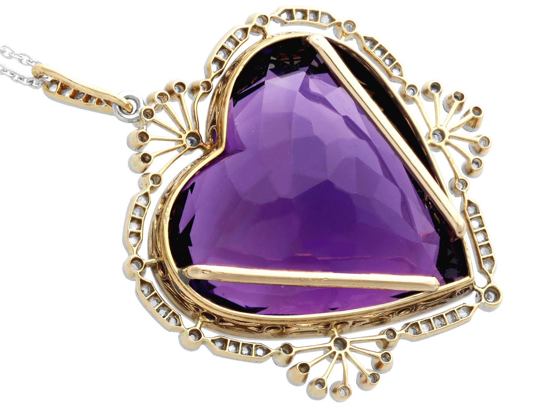 Antique 45.27 Carat Amethyst and Diamond Yellow Gold Heart Pendant In Excellent Condition For Sale In Jesmond, Newcastle Upon Tyne