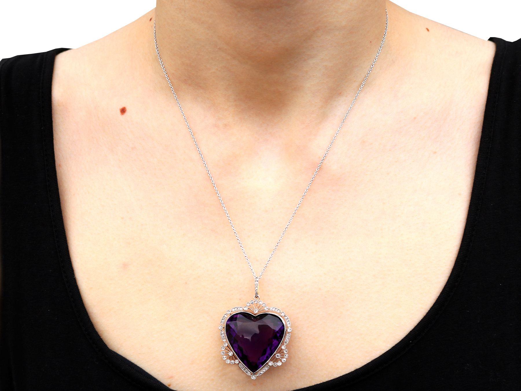 Antique 45.27 Carat Amethyst and Diamond Yellow Gold Heart Pendant For Sale 1