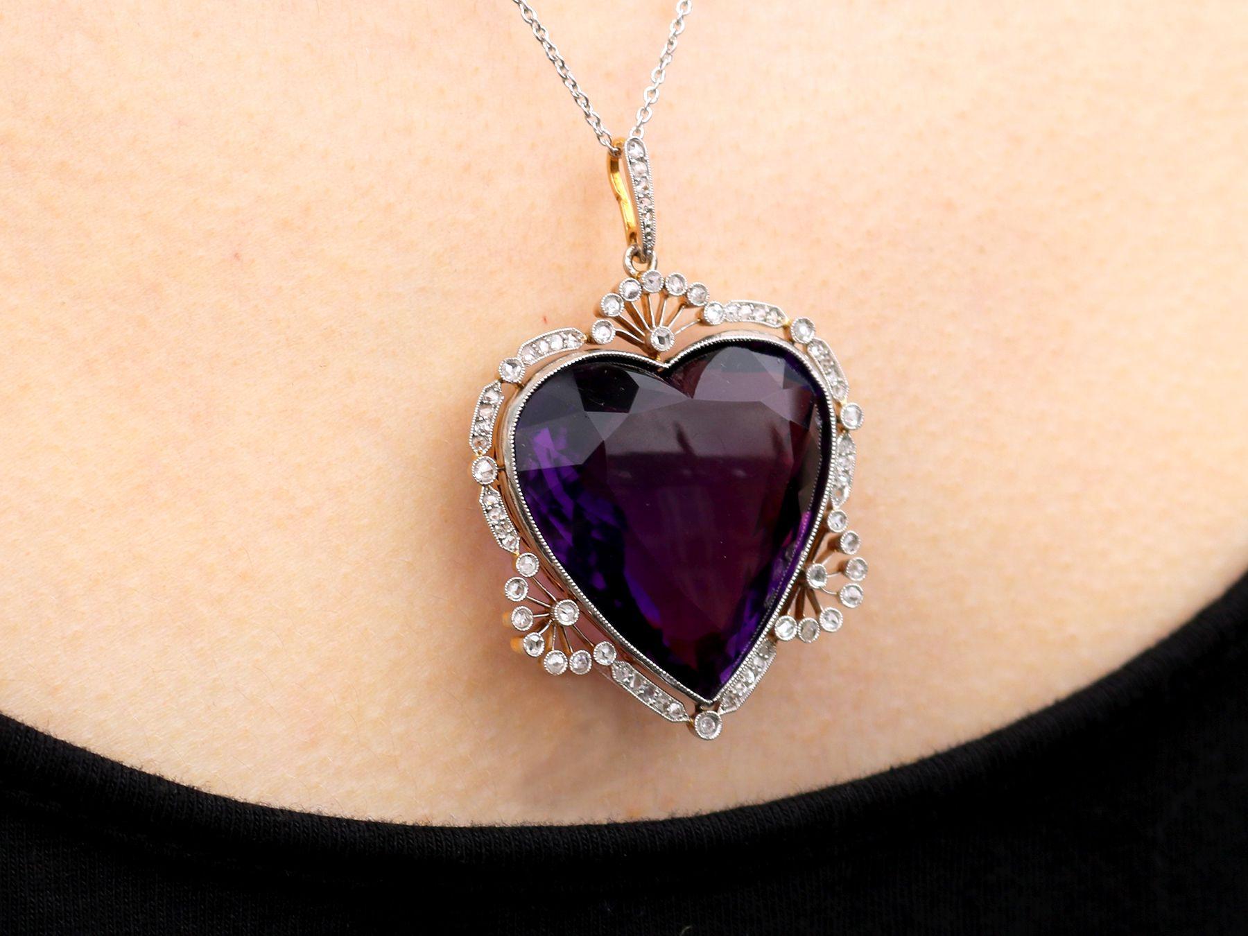 Antique 45.27 Carat Amethyst and Diamond Yellow Gold Heart Pendant For Sale 2