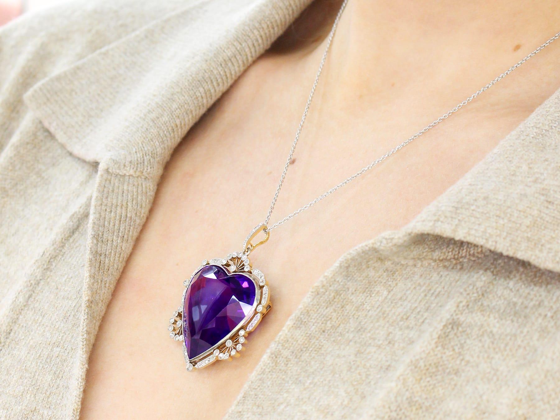 Antique 45.27 Carat Amethyst and Diamond Yellow Gold Heart Pendant In Excellent Condition For Sale In Jesmond, Newcastle Upon Tyne