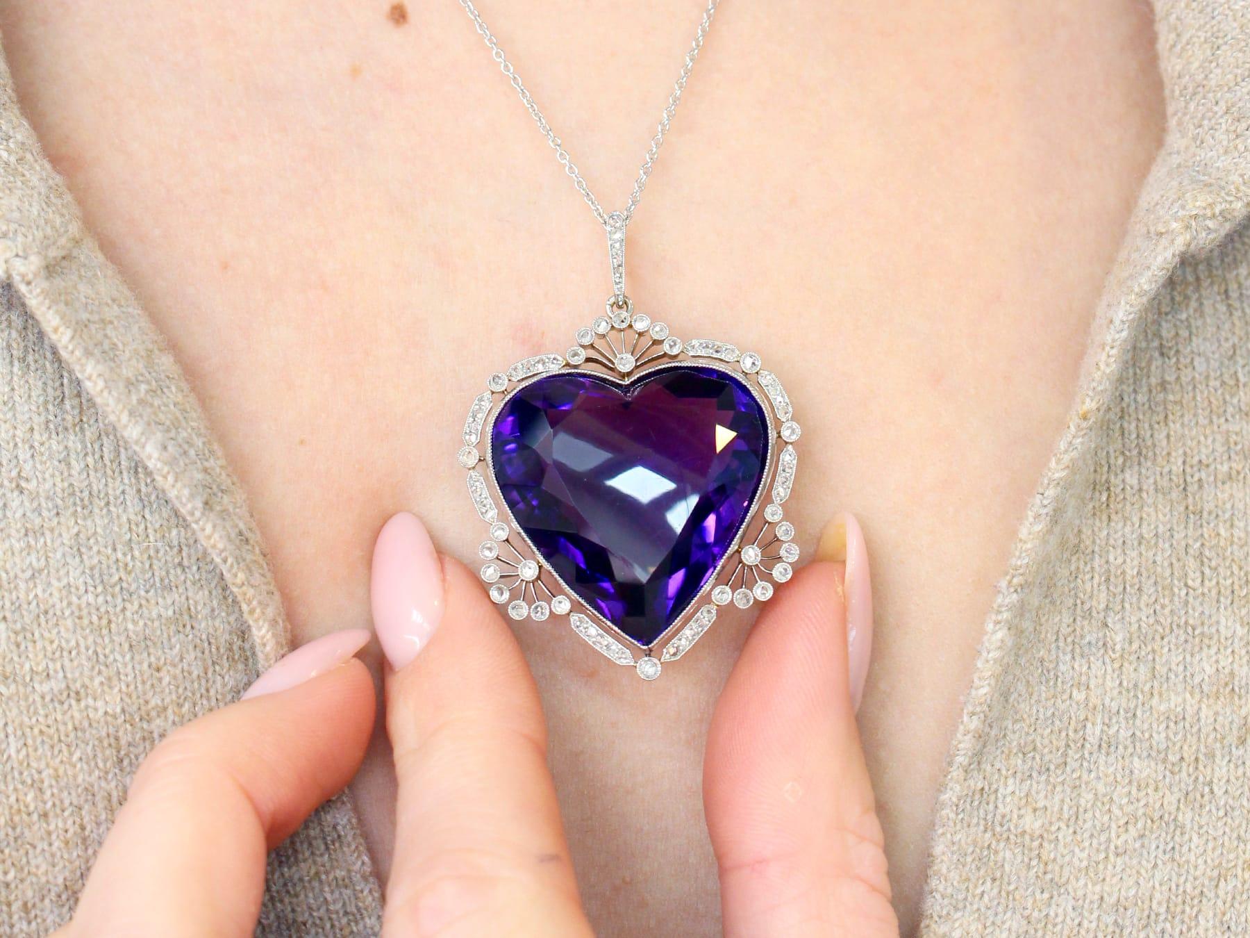 Women's or Men's Antique 45.27 Carat Amethyst and Diamond Yellow Gold Heart Pendant For Sale