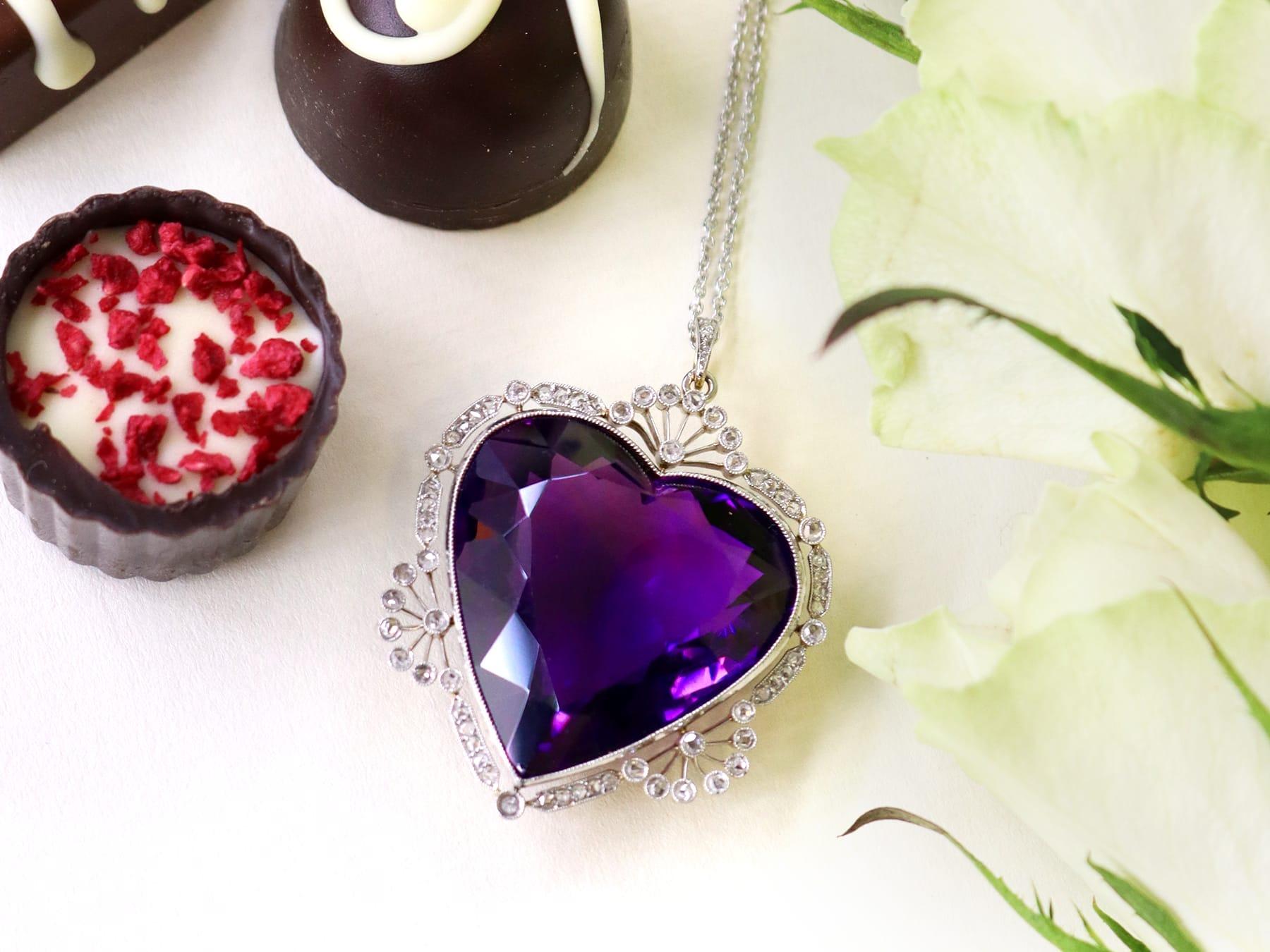 Heart Cut Antique 45.27 Carat Amethyst and Diamond Yellow Gold Heart Pendant For Sale