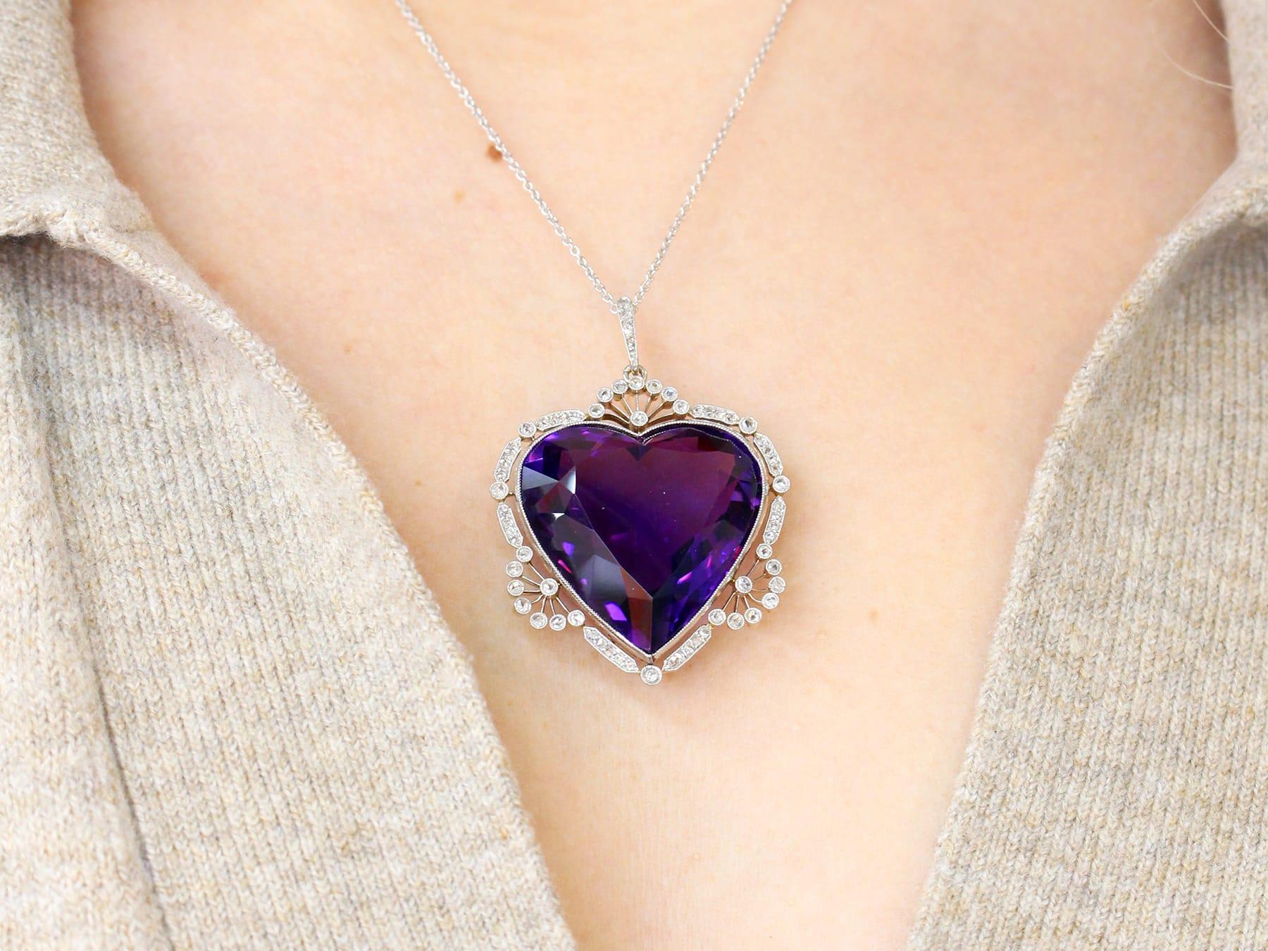 Antique 45.27 Carat Amethyst and Diamond Yellow Gold Heart Pendant For Sale 1