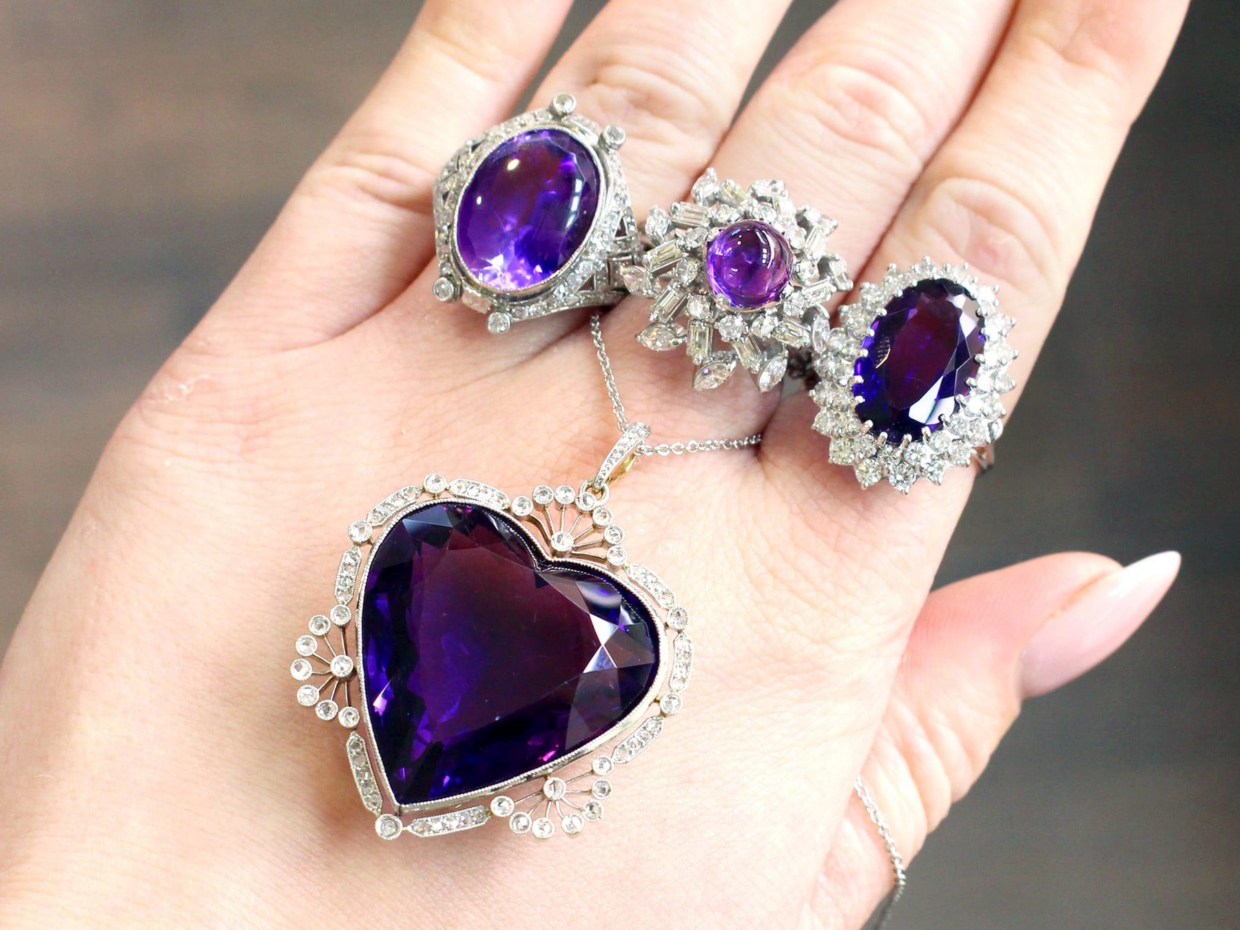 Antique 45.27 Carat Amethyst and Diamond Yellow Gold Heart Pendant For Sale 2