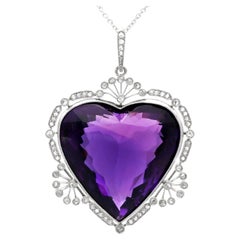 Antique 45.27 Carat Amethyst and Diamond Yellow Gold Heart Pendant