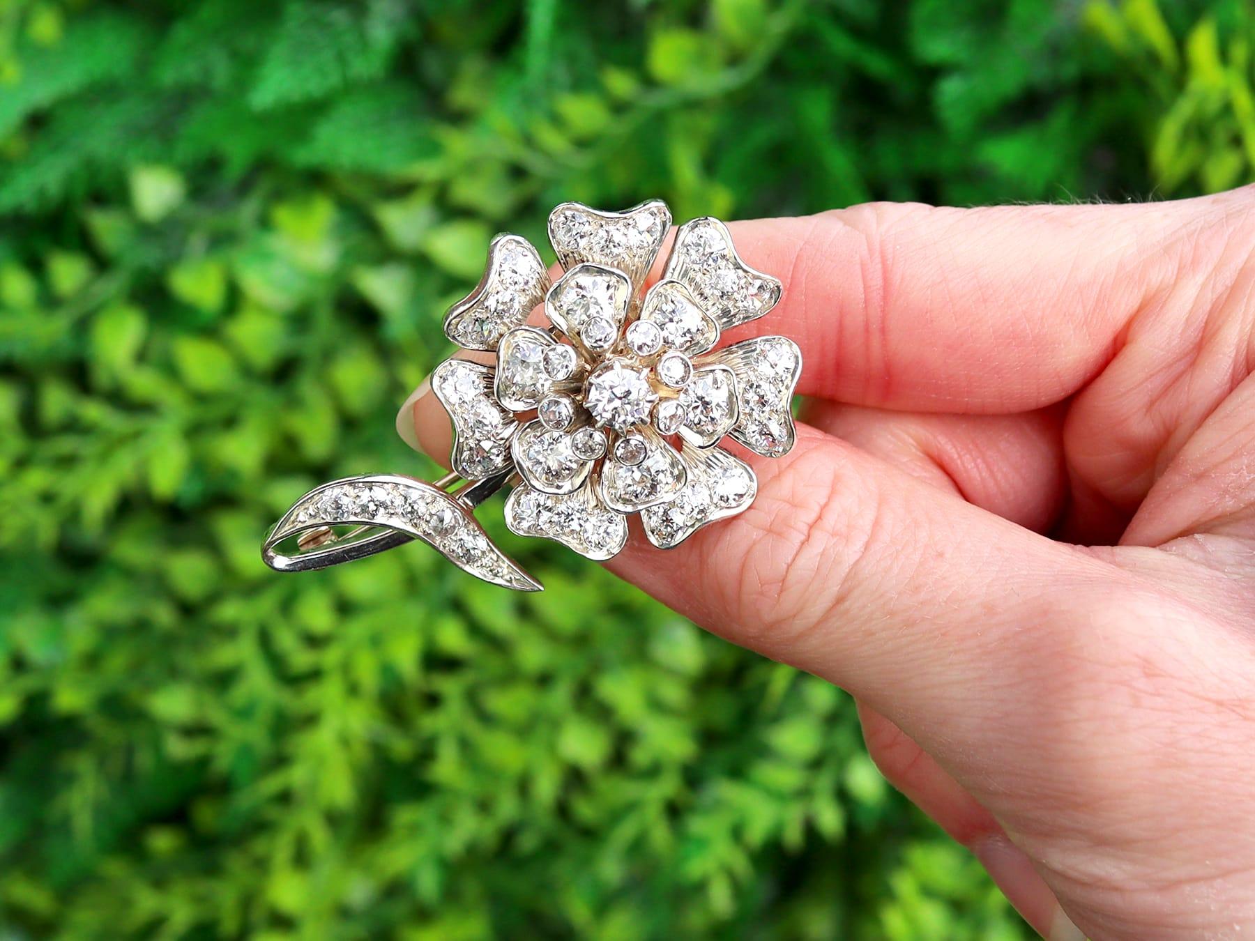A stunning fine and impressive antique Victorian 4.59 carat diamond, 15 karat yellow gold and silver set brooch; part of our floral brooch collections.

This stunning, fine and impressive antique Victorian diamond brooch has been crafted in 15k