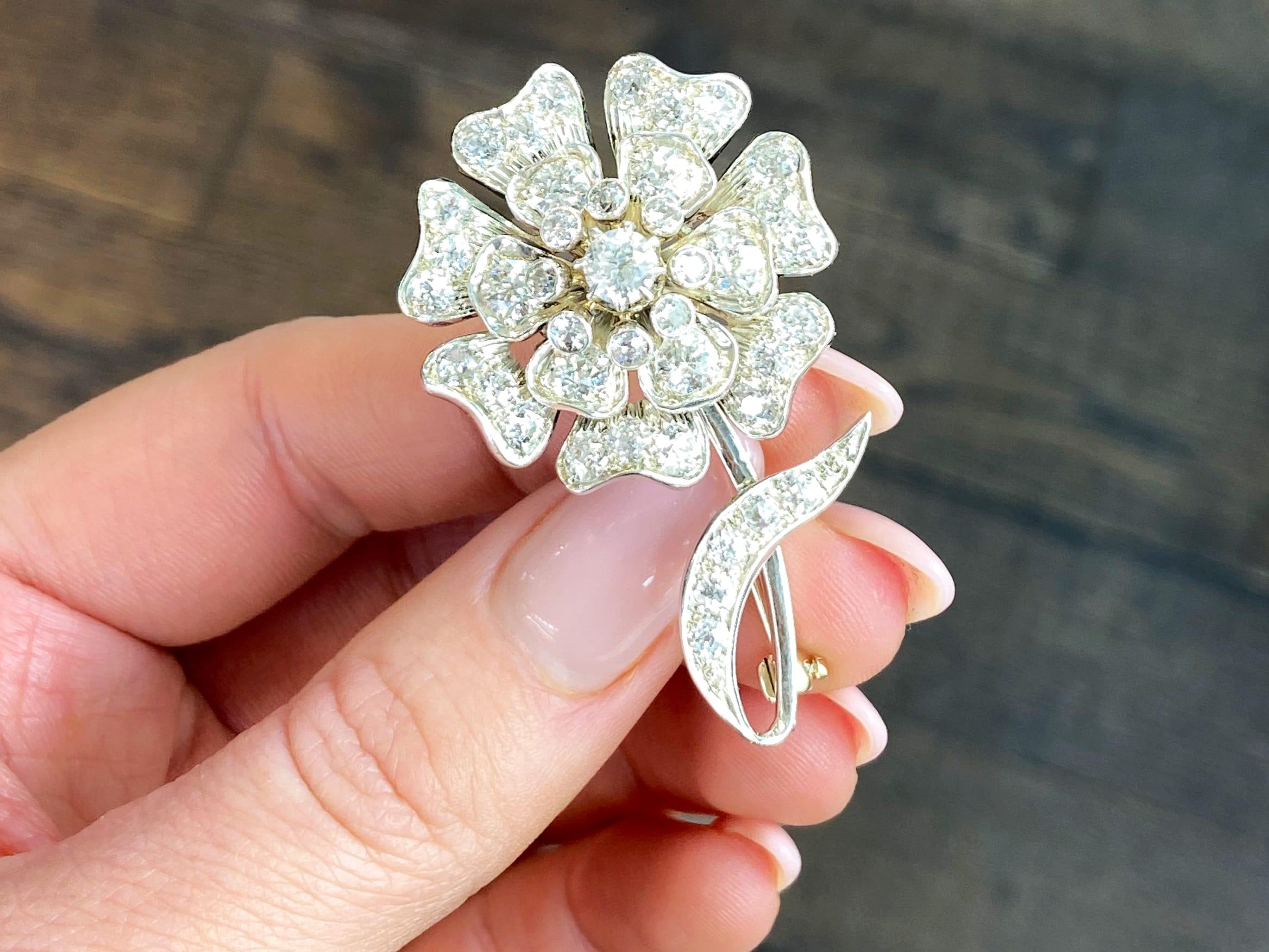 Round Cut Antique 4.59Ct Diamond and 15k Yellow Gold Floral Brooch Circa 1880 For Sale