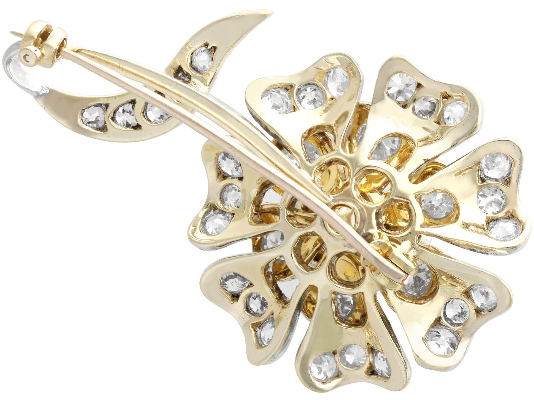 Women's or Men's Antique 4.59Ct Diamond and 15k Yellow Gold Floral Brooch Circa 1880 For Sale