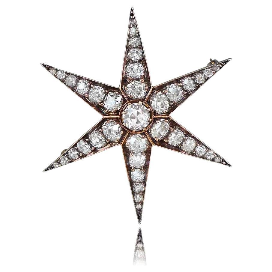 An exquisite Victorian era antique starburst brooch adorned with old mine cut diamonds totaling around 4.60 carats, I color, and VS2-SI1 clarity. Set in 18k yellow gold and meticulously handcrafted circa 1850, this timeless piece is a true