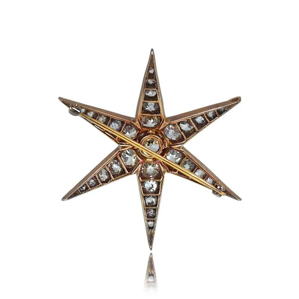 Victorian Antique 4.60ct Old Mine Cut Diamond Starburst Brooch, I Color, 18k Yellow Gold