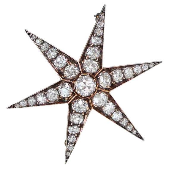 Antique 4.60ct Old Mine Cut Diamond Starburst Brooch, I Color, 18k Yellow Gold
