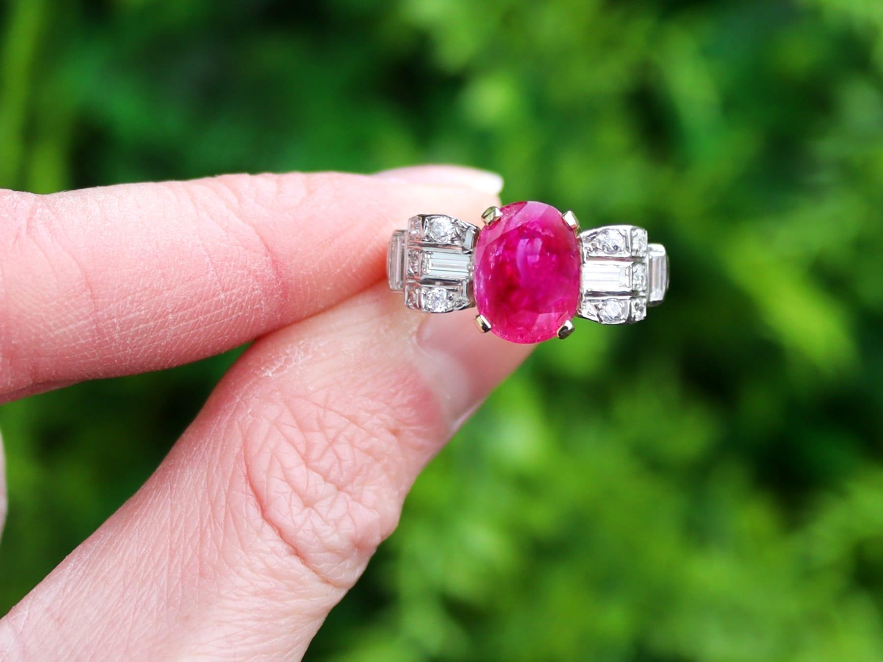 A stunning, fine and impressive antique 4.67 carat Burmese ruby and 0.86 carat diamond, platinum cocktail ring; part of our diverse gemstone jewellery and collections.

This stunning antique ruby ring with diamonds has been crafted in platinum with