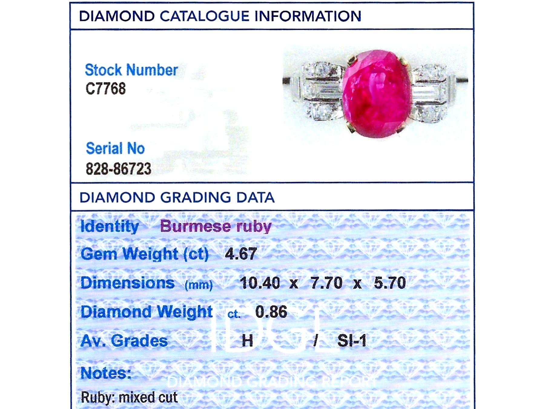 Antique 4.67 Carat Burmese Ruby and 0.86 Carat Diamond, Platinum Cocktail Ring For Sale 3
