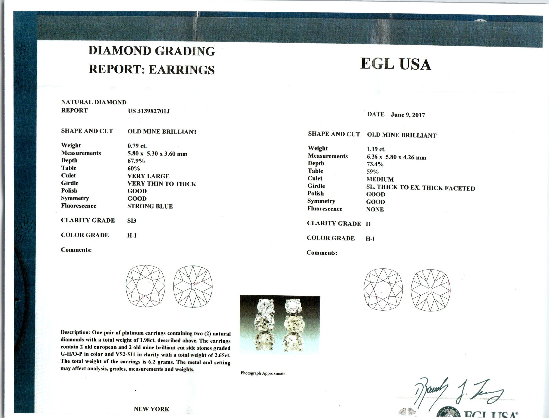 Antike 4,68 Karat Diamant-Ohrringe aus Platin mit drei Diamanten im alteuropäischen Kissenschliff im Zustand „Gut“ im Angebot in Stamford, CT
