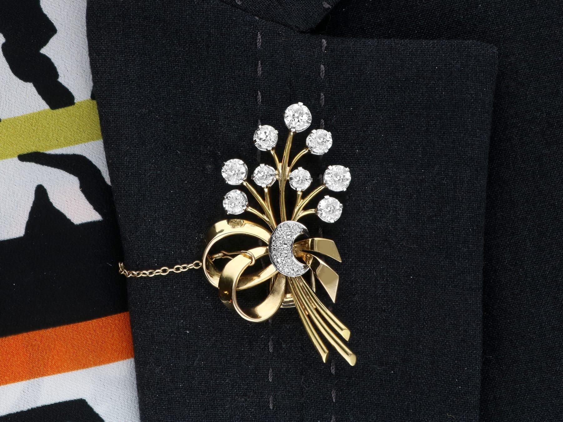 Antique 4.72 Carat Diamond and 18k Yellow Gold Spray Brooch Circa 1935 For Sale 4
