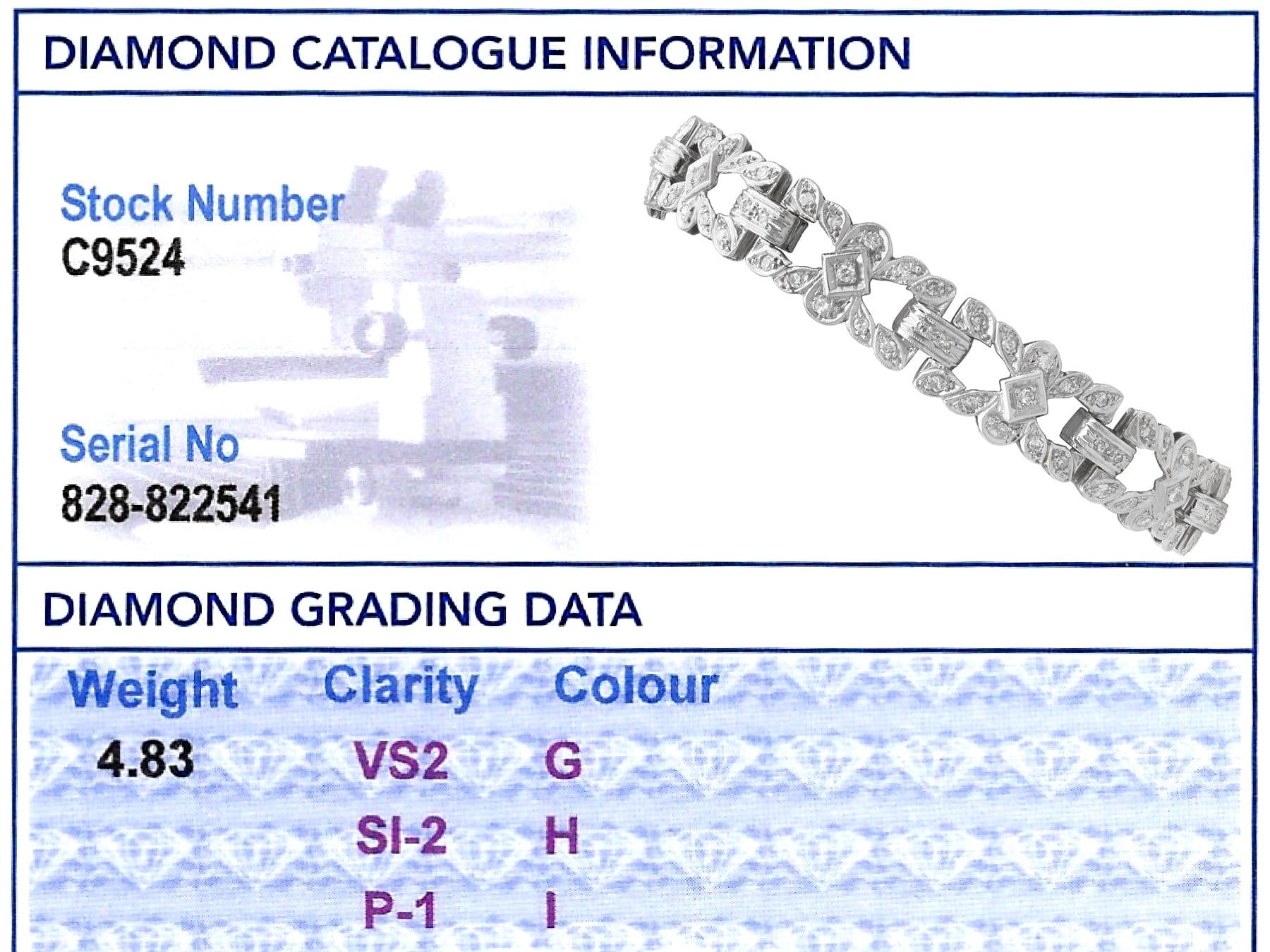 Bracelet ancien en platine et diamant de 4,83 carats Circa 1925 en vente 9