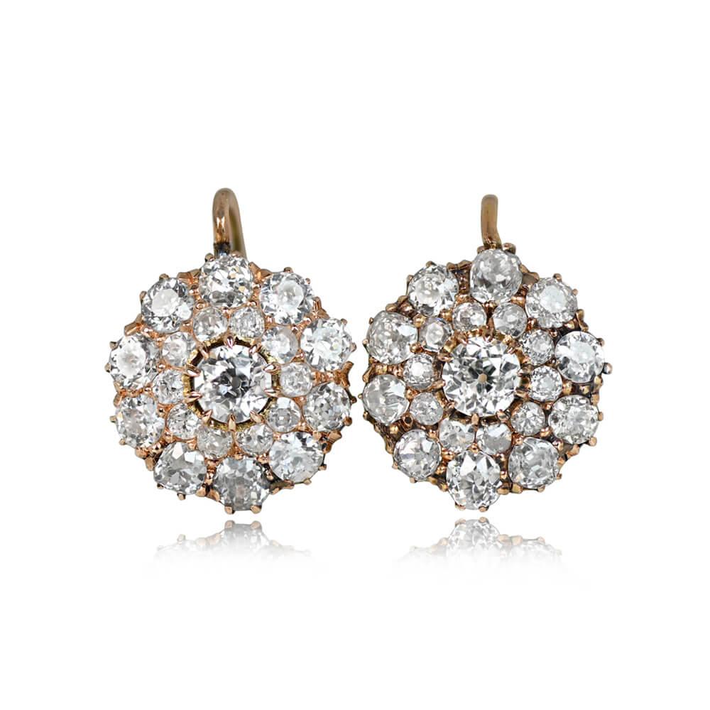 Elegant Victorian charm meets dazzling brilliance in these diamond cluster earrings. With a total of 4.85 carats in old mine cut diamonds, each stone is securely cradled in prongs, showcasing H-I color and VS2-SI1 clarity. Expertly handcrafted in
