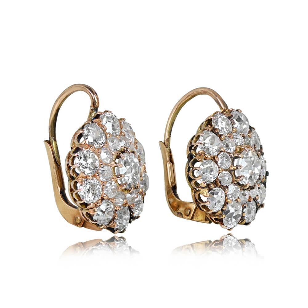 Victorian Antique 4.85ct Old Mine Cut Diamond Cluster Earrings, H-I Color, 18k Yellow Gold For Sale