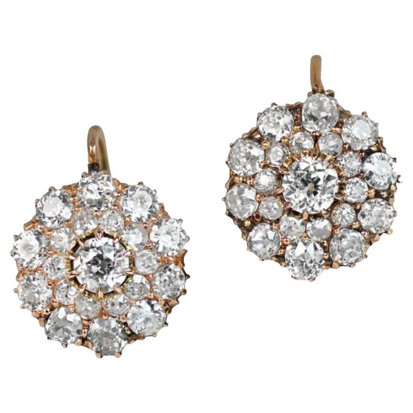 Antique 4.85ct Old Mine Cut Diamond Cluster Earrings, H-I Color, 18k Yellow Gold For Sale