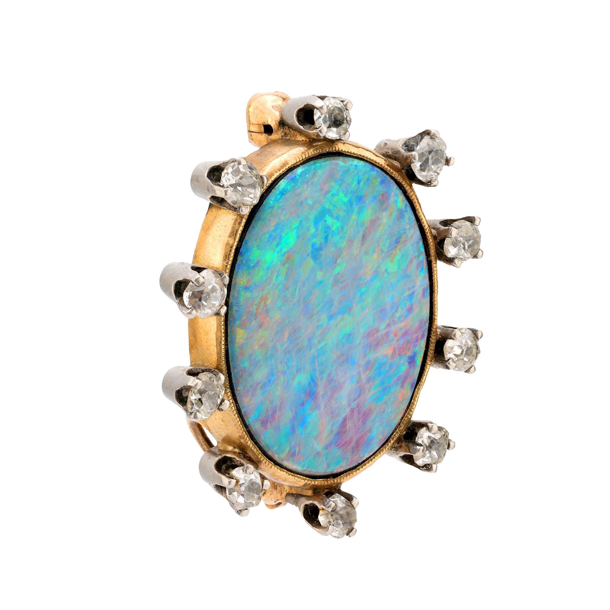Victorian Antique 4.90 carat doublet opal diamond 18k yellow gold brooch